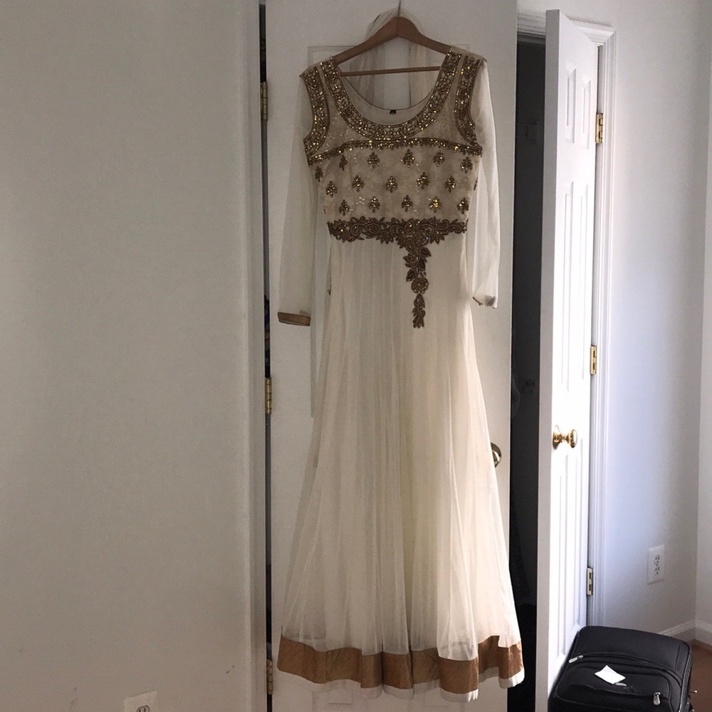 Gold and White Anarkali Indian Desi Dress